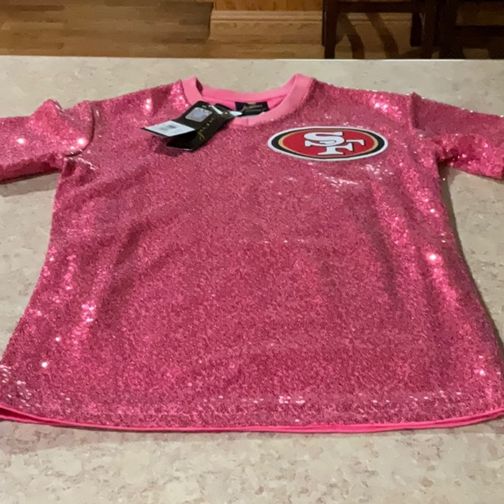 San Francisco 49ers Shirt McCaffrey #23 Breast Cancer Awareness Pink Sequin